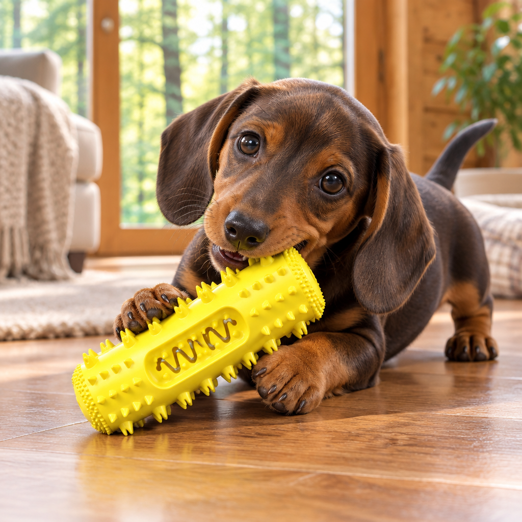 Cachorro de perro salchicha jugando con el mordedor en una casa de campo