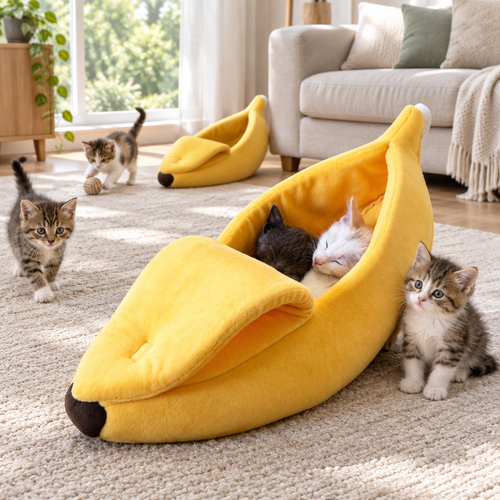 Cama banana protagonista con gatitos dentro y fuera
