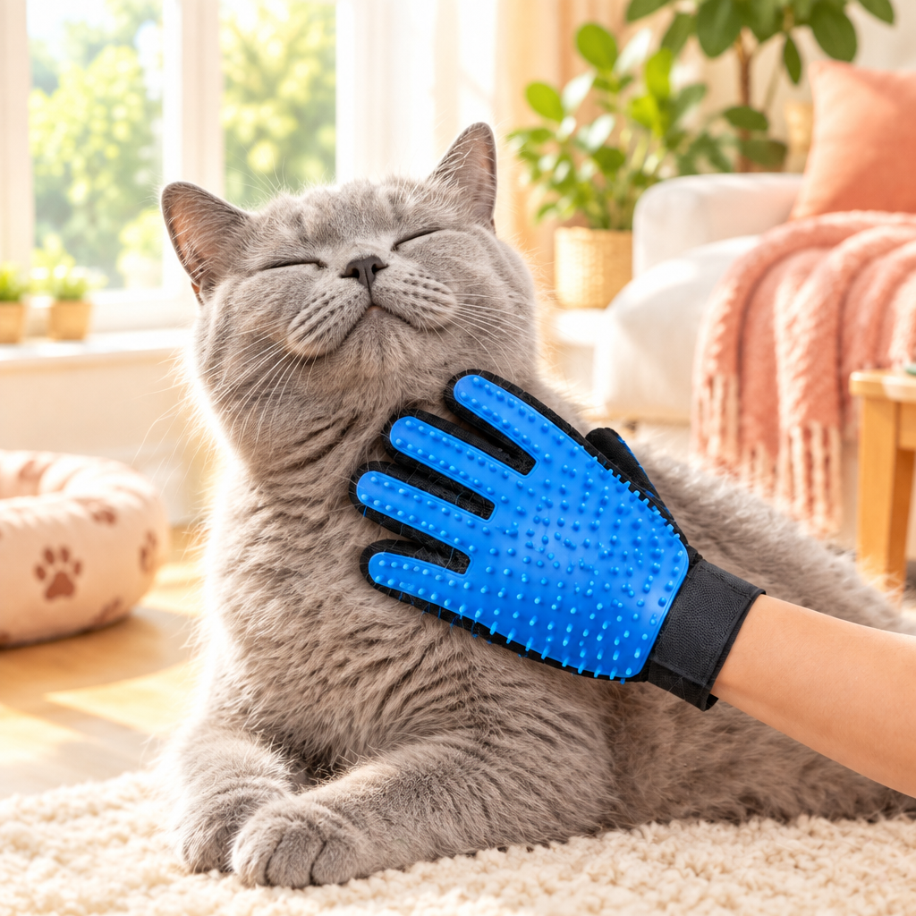 Gato gris cepillado con un guante azul para mascotas