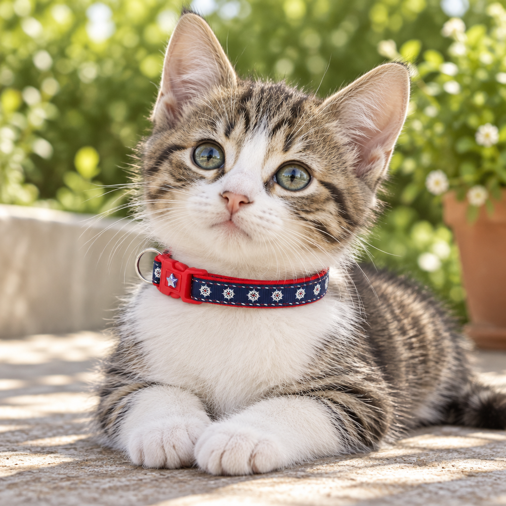 Gatito con collar marinero para gatos en una terraza soleada