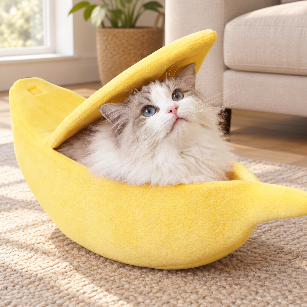 Gato descansando en una cama para gatos con forma de banana amarilla