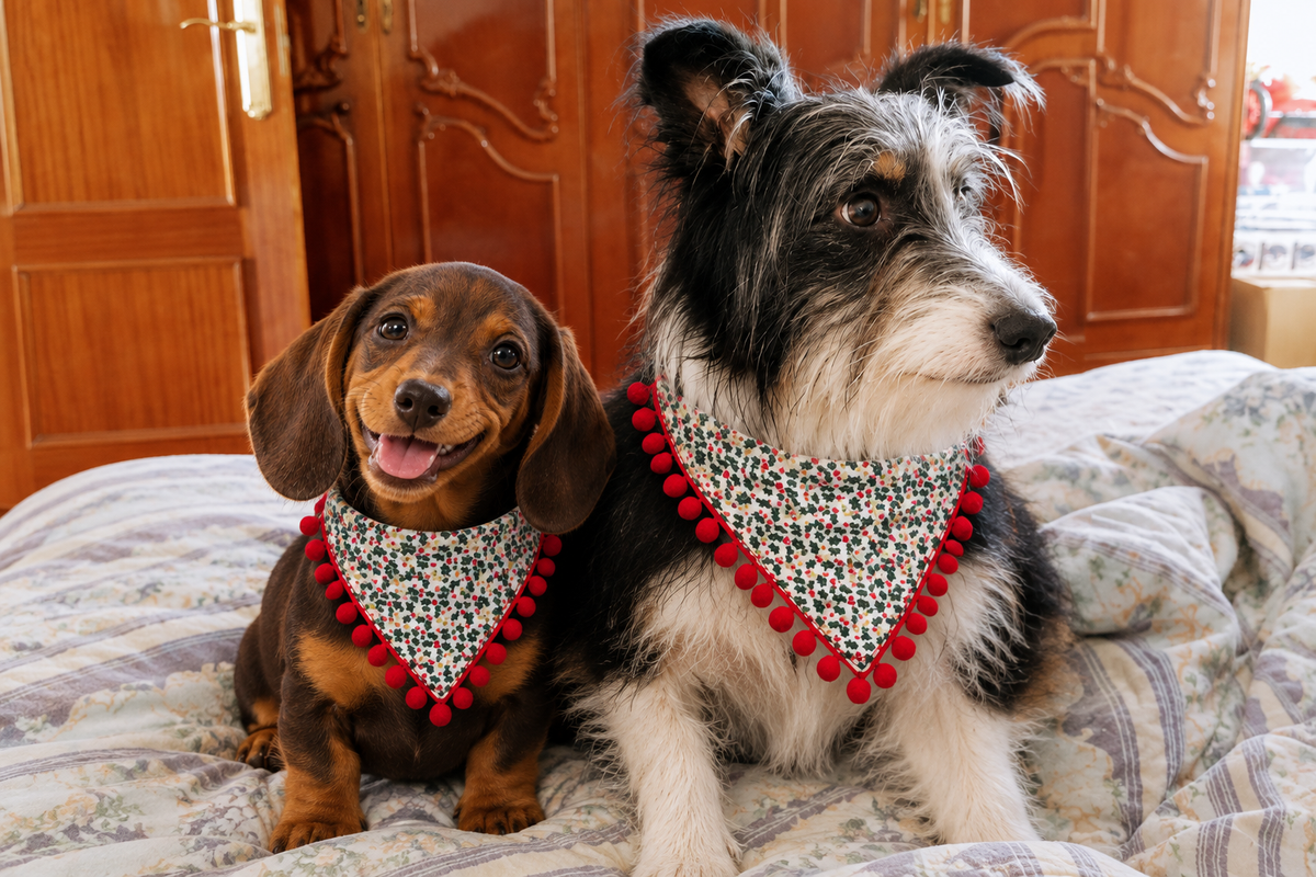 Perrita y cachorro salchicha juntos con bandanas blancas de acebo y bayas y pompones rojos