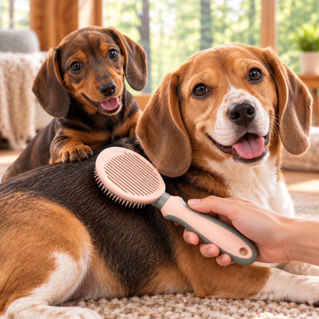 Dos perritos contentos durante el cepillado con un peine de aseo
