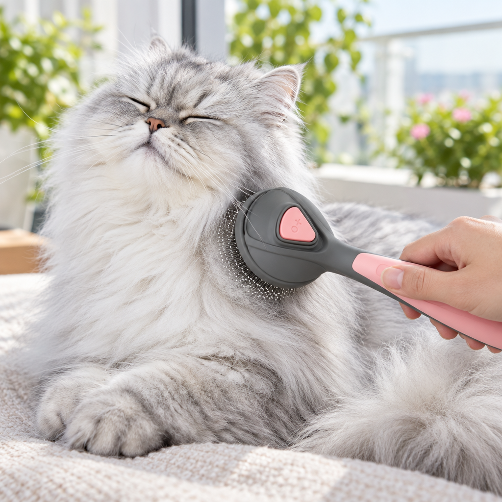 Gato persa gris cepillado suavemente junto a un balcón