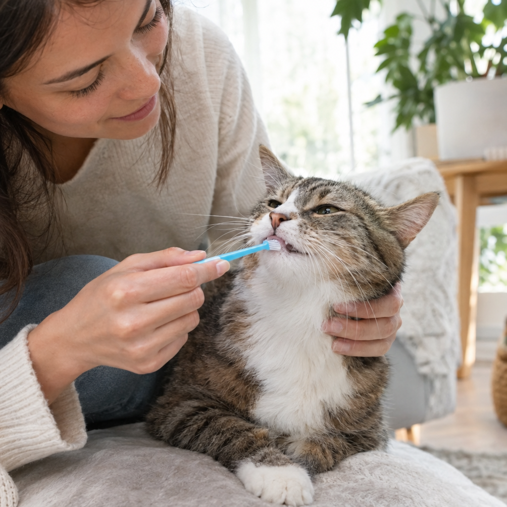 Gato durante un cepillado dental suave con un cepillo para mascotas