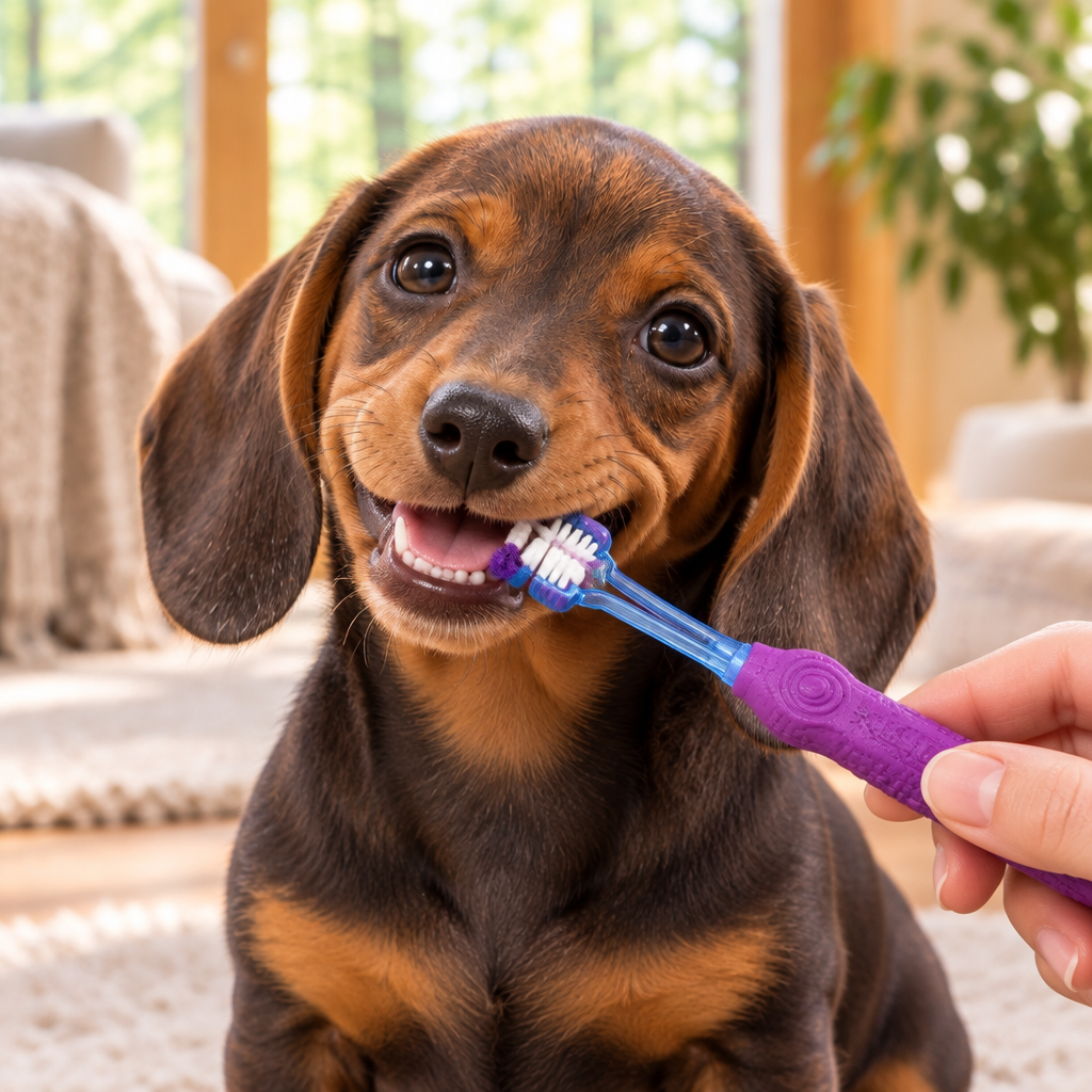 Cachorro salchicha durante cepillado dental con cepillo de color morado