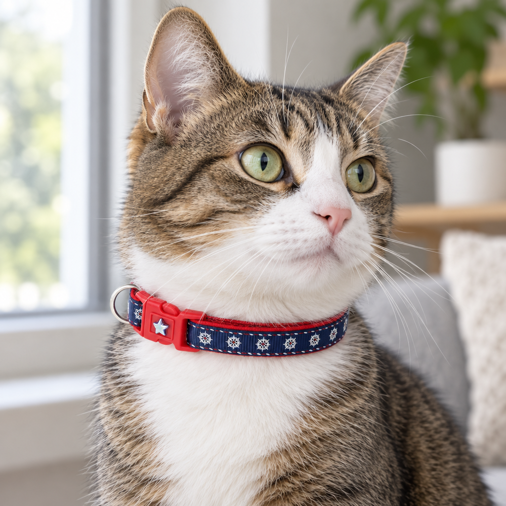 Gato con collar marinero para gatos en una casa luminosa