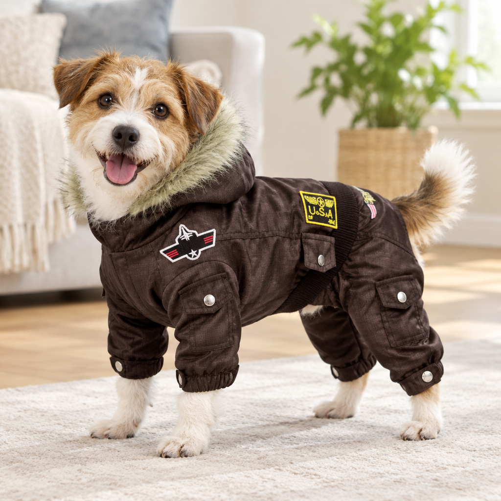 Perro con mono aviador de cuatro patas en casa