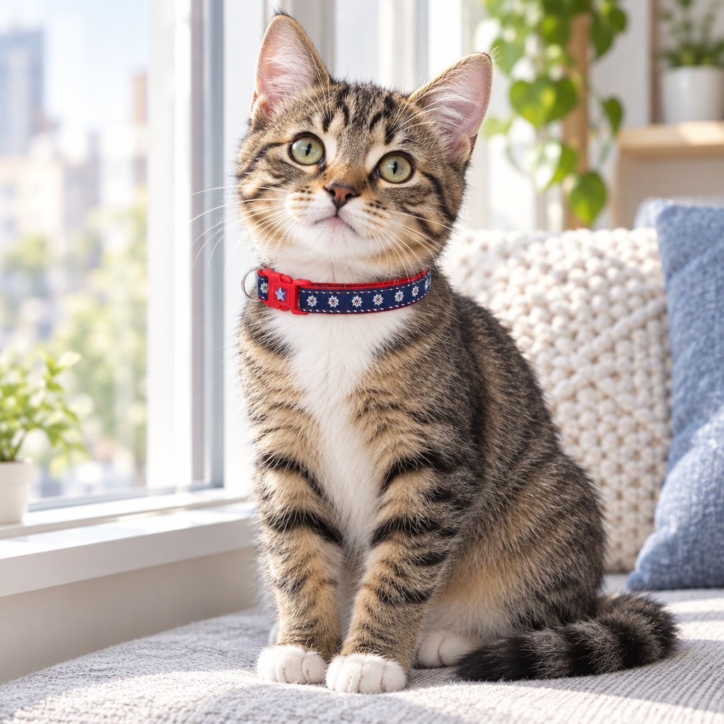 Gatito con collar marinero para gatos junto a una ventana
