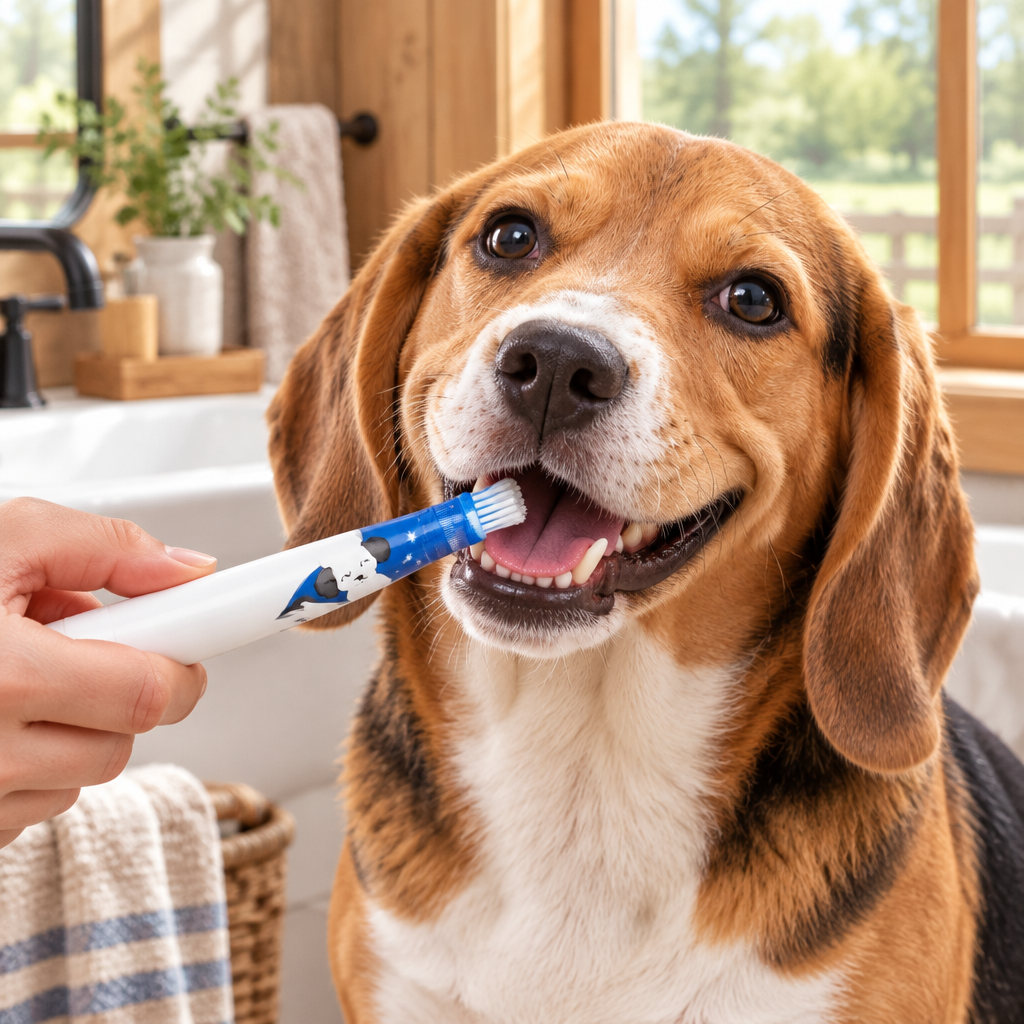 Perrito durante cepillado dental con cepillo azul y blanco