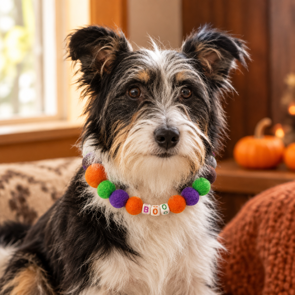 Perrita con collar BOO en interior