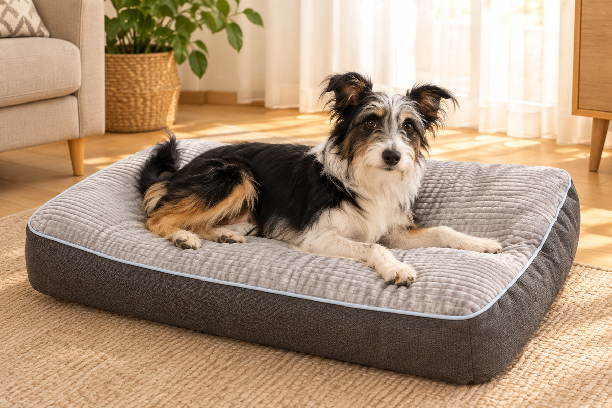 Perrita tumbada en la cama tipo sofá
