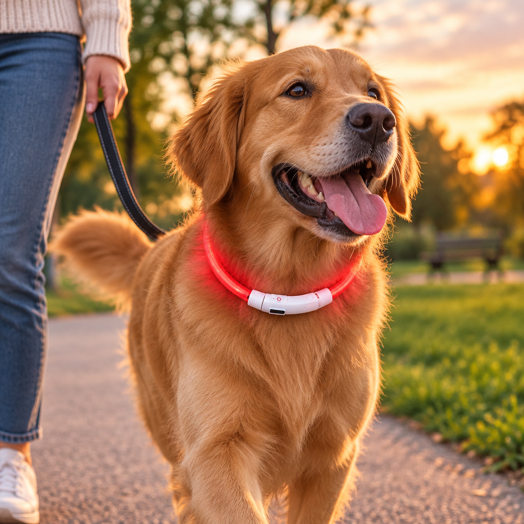 Perro con collar luminoso en un paseo al atardecer