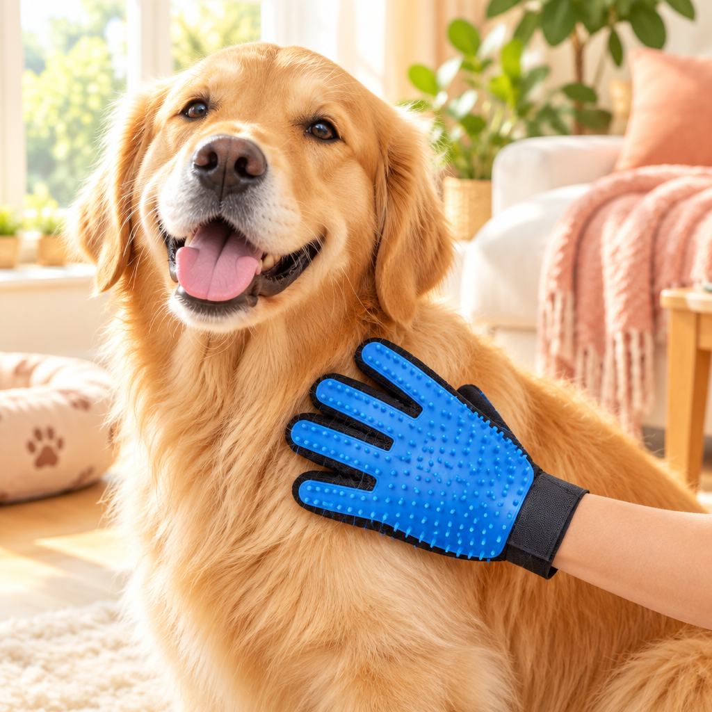 Perro golden retriever cepillado con un guante azul para mascotas