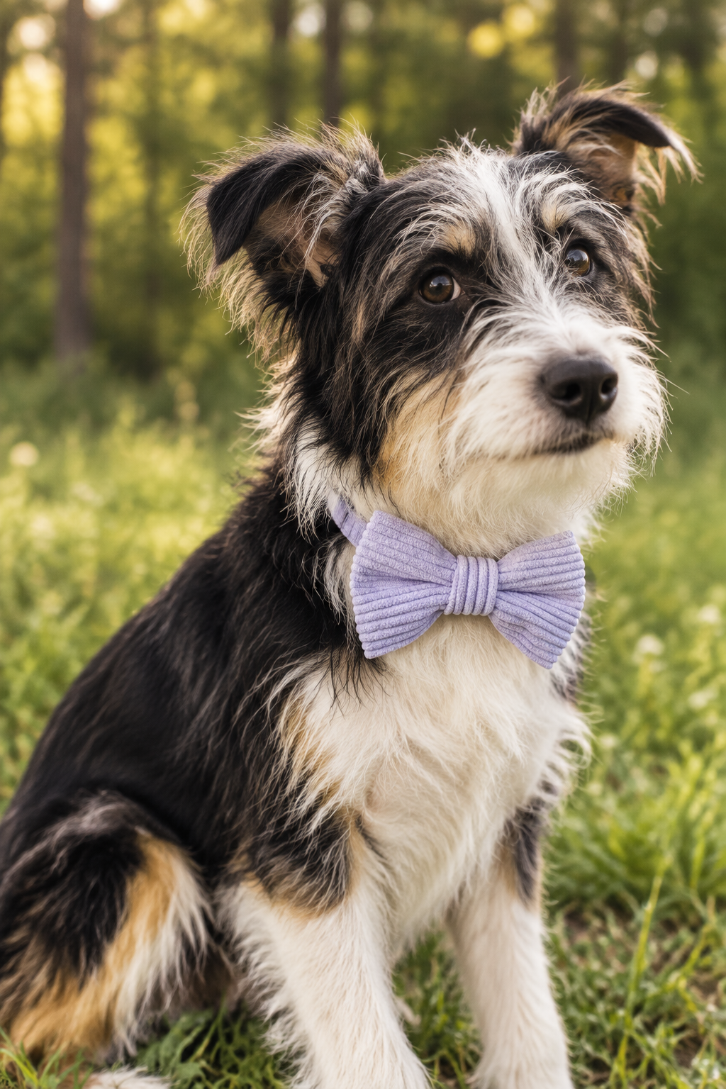Retrato de la perrita con lazo azul lavanda